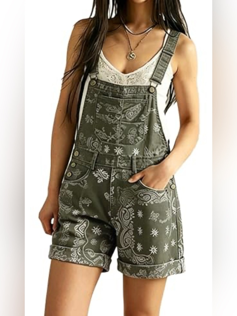 BEIGE Paisley Short Denim Overalls - Women
